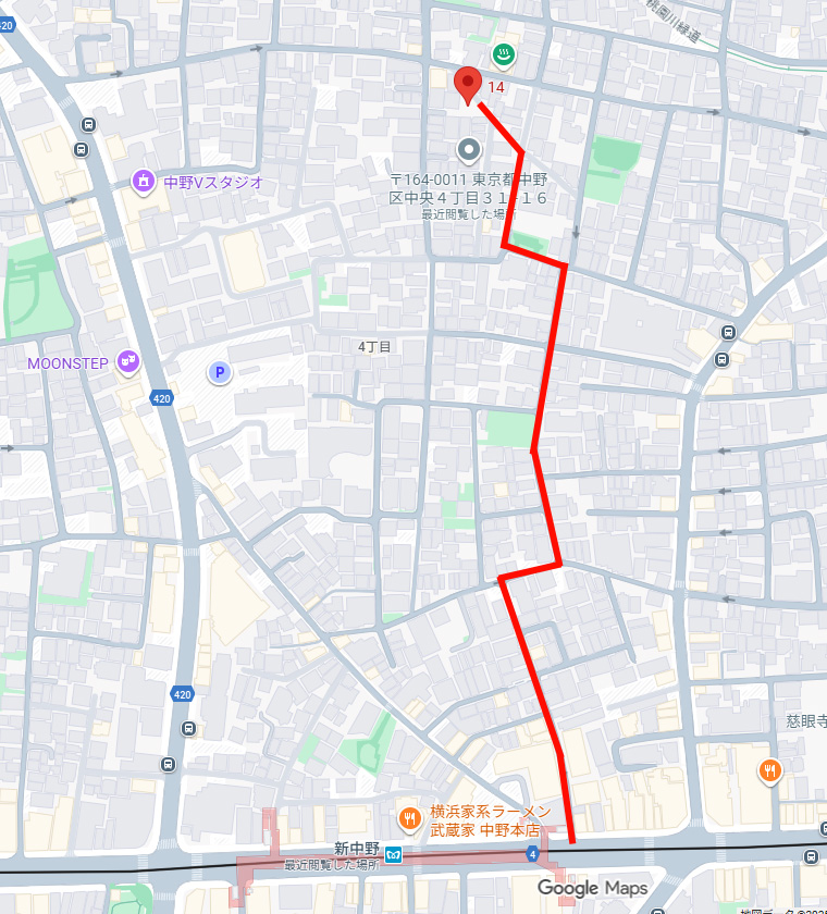 新中野駅4番出口から新世紀海賊スタジオまでの道順 徒歩7分  